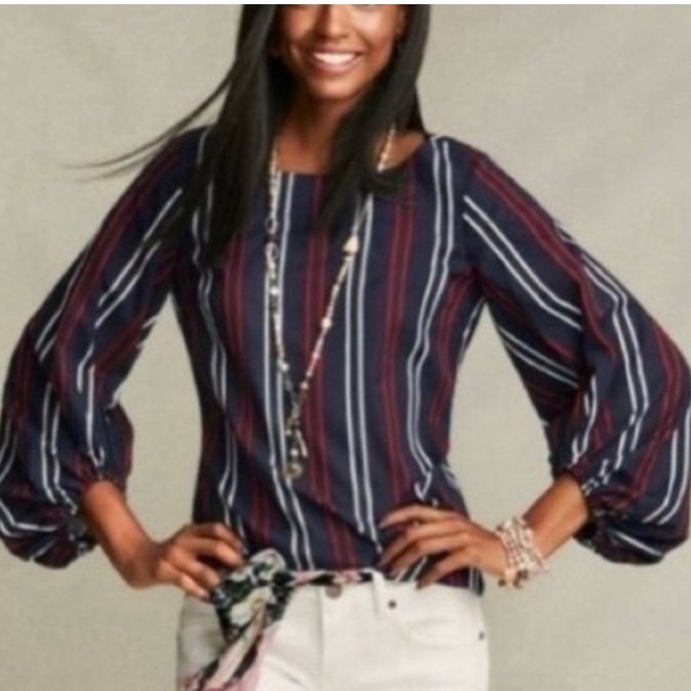 CAbi Navy and Burgundy Striped Balloon-Sleeve Blouse
